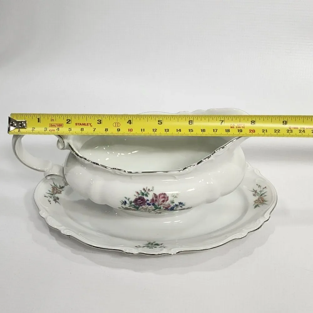 Crown‎ Bavaria Gravy Boat w Attached Underplate Germany Silver Trim Bouquet